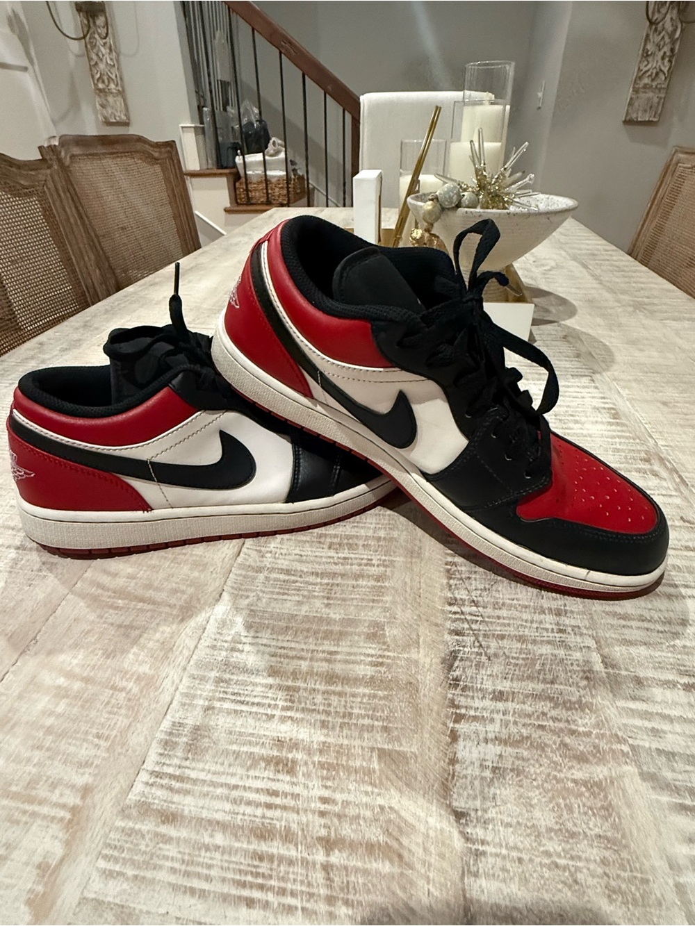 Preowned Jordan”Bred Toe” Low-Top Sneakers in Black, Red & White size 11m.No Box
